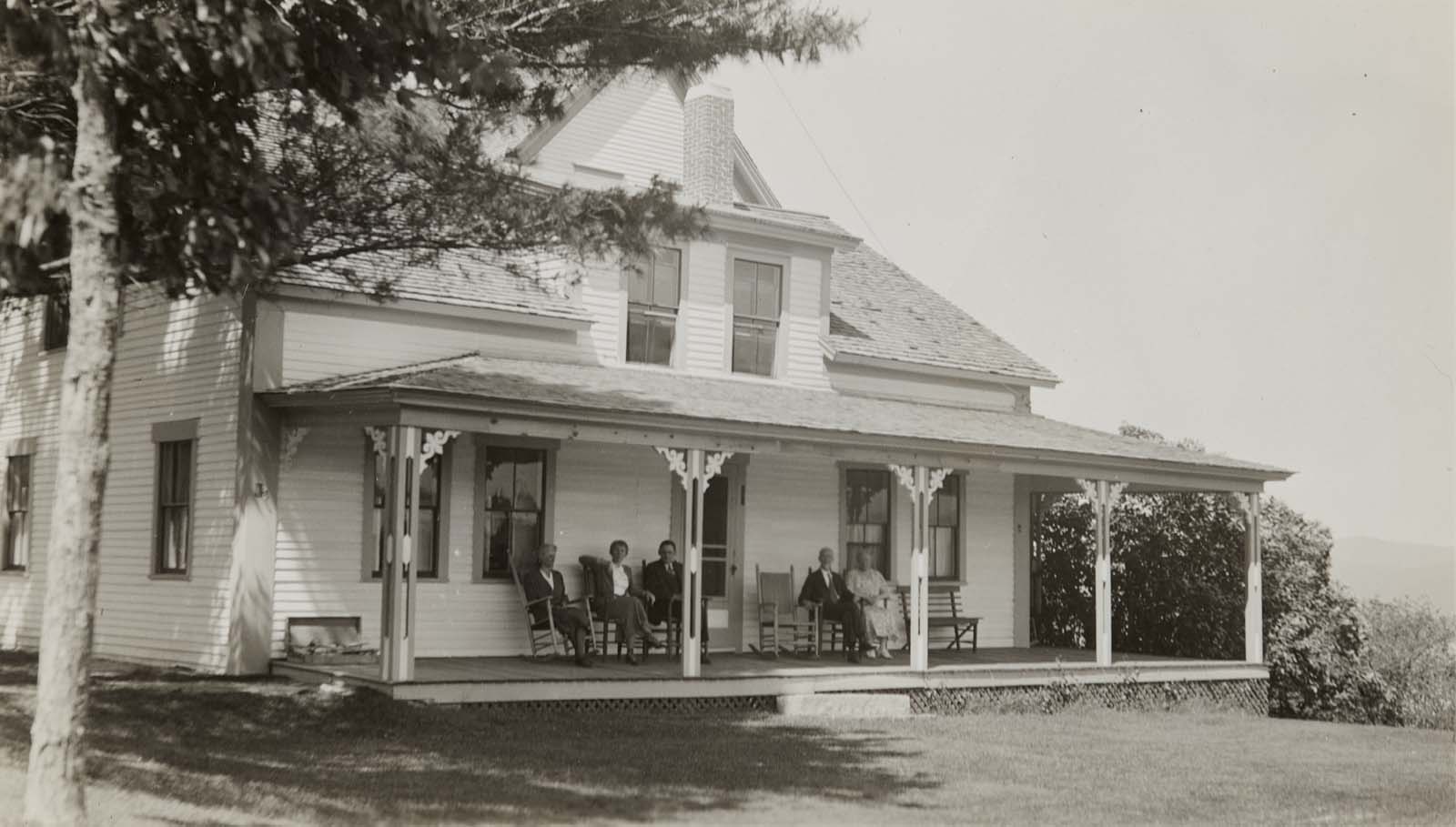 '[I] hope to go straight from New York with Henry and Theresa (T. is my sister-in-law) to Randolph N.H. where Ada, Sheff and Marian will join us for a week in peace in the country' (21 May 1933); Marian Eliot, Theresa Eliot, T. S. Eliot, Alfred Dwight Sheffield and Ada Sheffield on the porch of Mountain View House, Randolph, New Hampshire in June 1933.