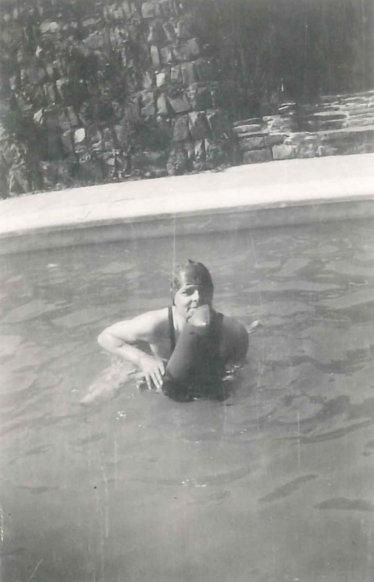 ‘Bathing in the pool is part of the routine; the pneumatic Seal I brought is a great success, and they try to ride him and fall splash. It is the only sport in which I indulge.’ (2 September 1933); Eliot in the swimming pool at TyGlyn Aeron, Wales, ca. August–September 1933. ‘Bathing in the pool is part of the routine; the pneumatic Seal I brought is a great success, and they try to ride him and fall splash. It is the only sport in which I indulge.’ (2 September 1933); Eliot in the swimming pool at TyGlyn Aeron, Wales, ca. August–September 1933.
